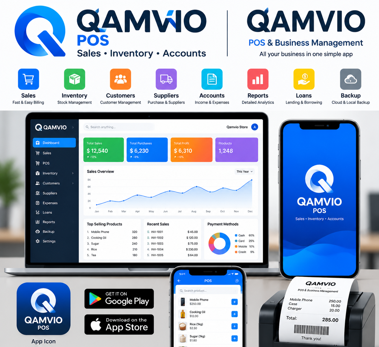 QAMVIO POS Android dashboard for sales inventory and business accounts
